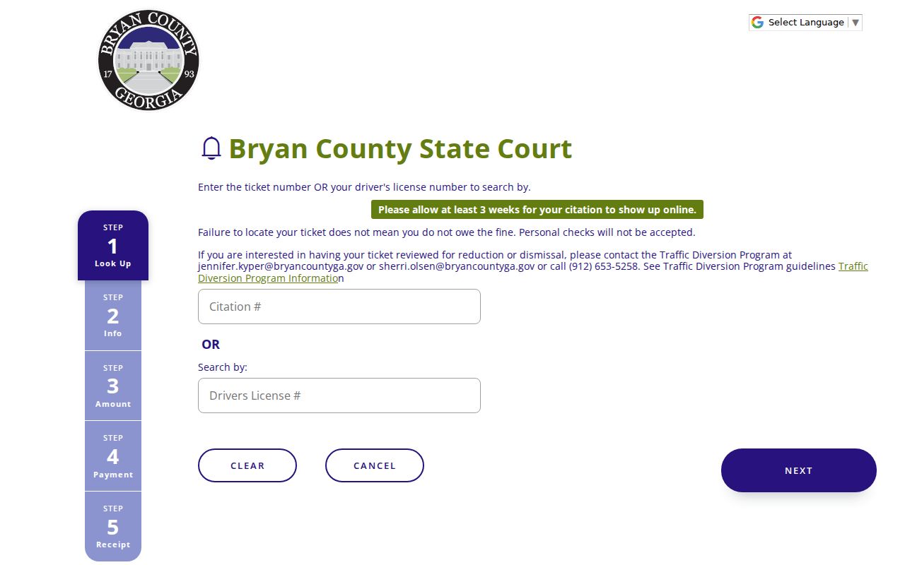 Bryan County bench warrant citation lookup controls