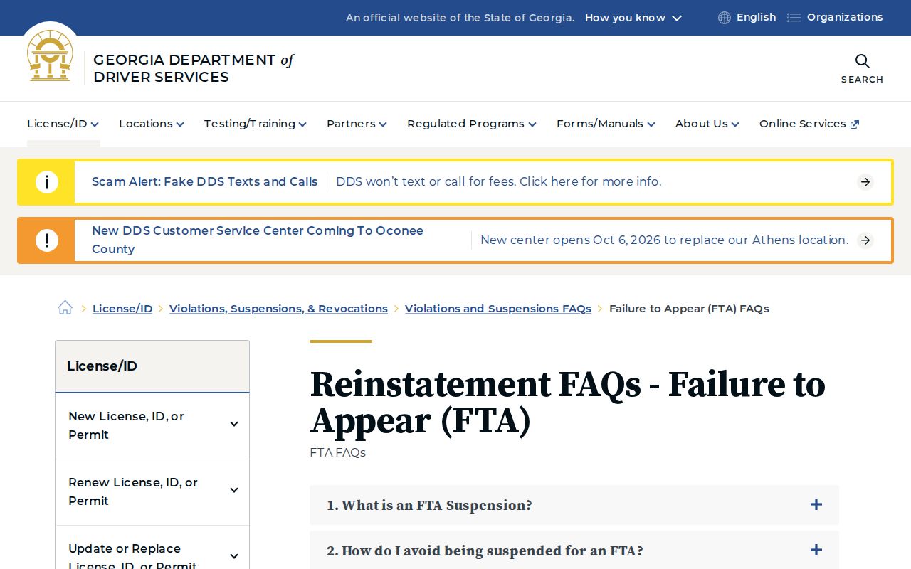 Georgia DDS failure-to-appear suspension and electronic release guidance