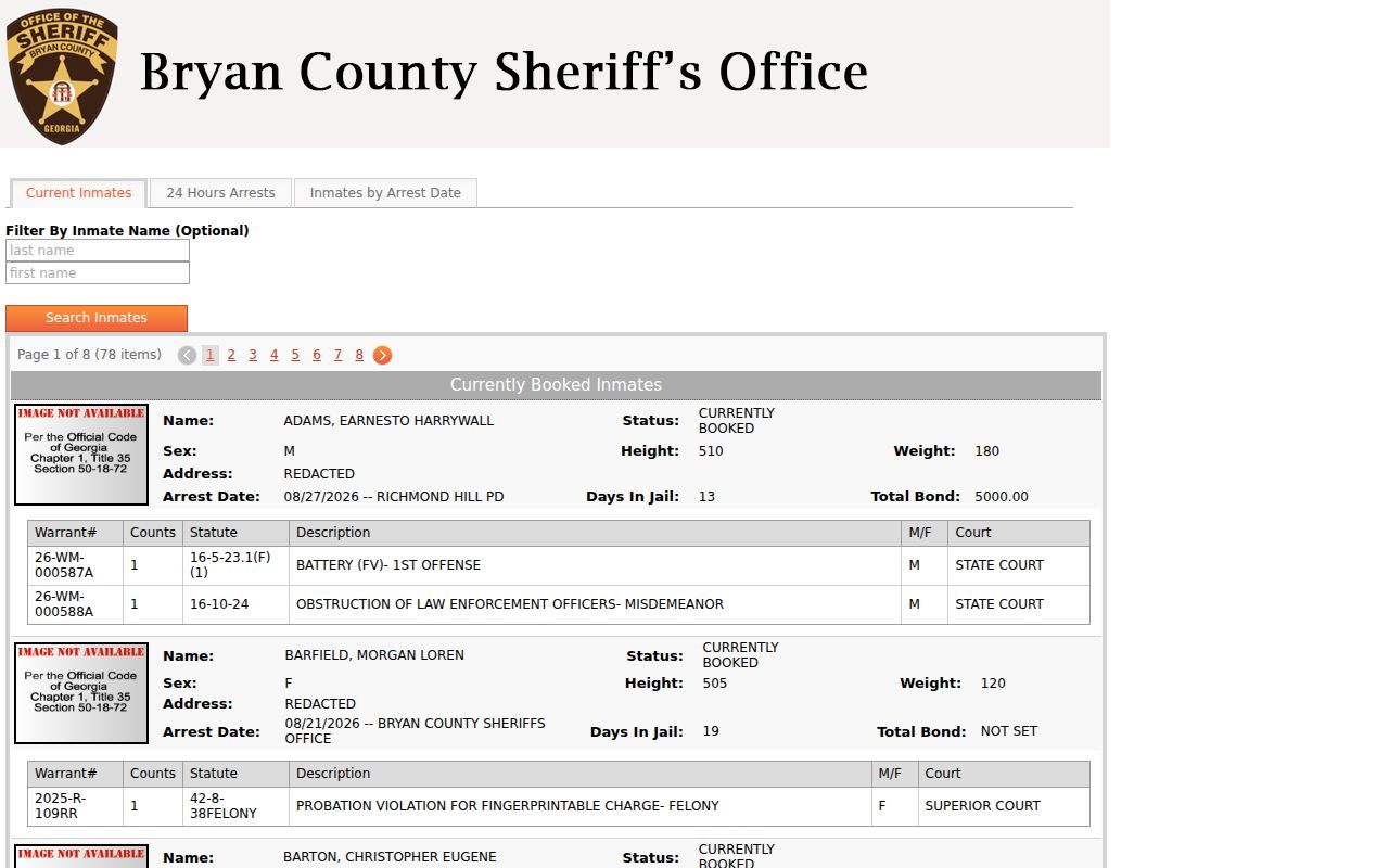 Bryan County current-inmate roster name filter and custody interface