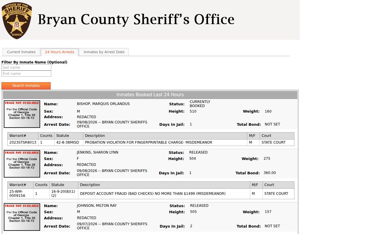 Bryan County recent-booking interface with search controls and no individual rows featured